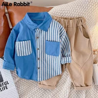 2021 boy clothes suit denim striped shirt pants 2 piece set new autumn long sleeve kids clothes set for boys blue 0 4 years old