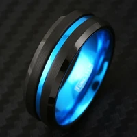 wholesale fashion 8mm mens stainless steel rings thin blue line carbon fiber groove beveled edge ring wedding band jewelry