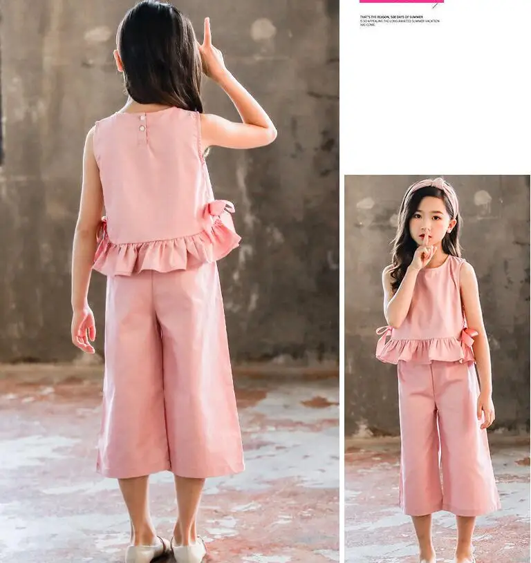 Комплект для девочек подростков Однотонная футболка с оборками и брюки широкими