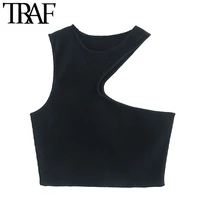 traf women sexy fashion hollow out irregular cropped knit tank tops vintage o neck sleeveless female camis mujer