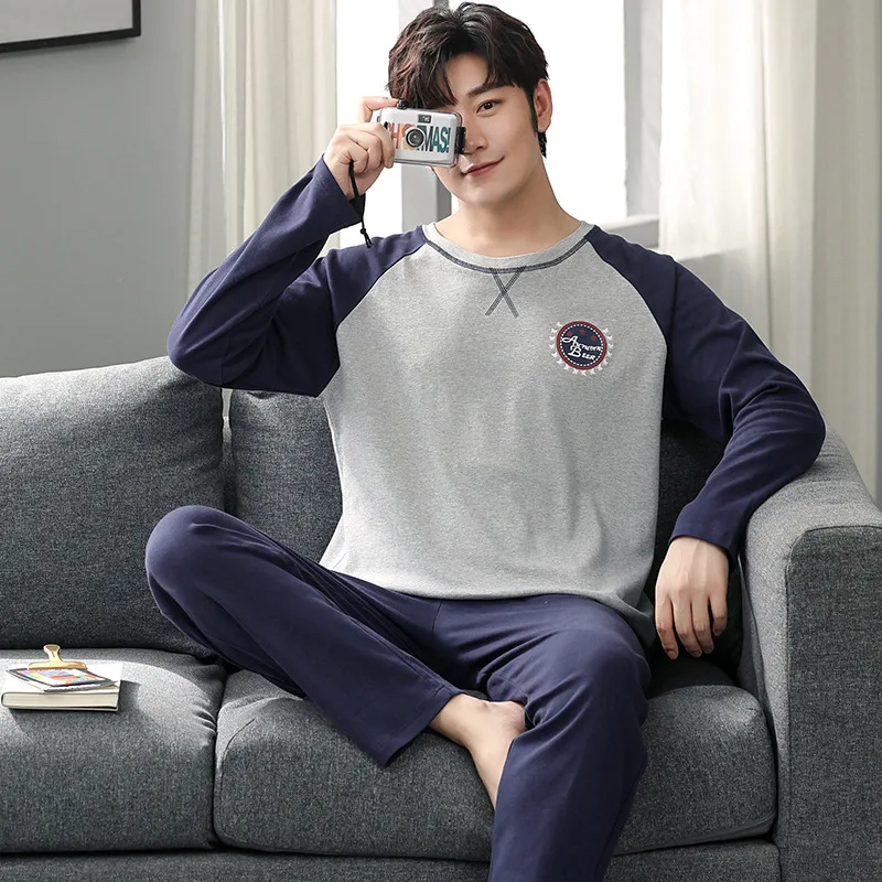

Mens Pajamas Spring Autumn Long-sleeved Trousers Cotton Simple Pullover Men's Lounge Large Size Sleepwear Set L-4XL