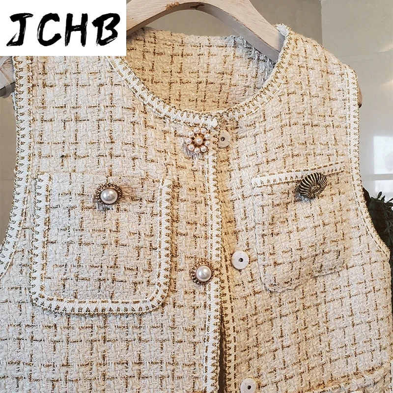 

2021 autumn spring women casual buttons plaid tweed vests female sleeveless jackets loose plus size waistcoat Y706