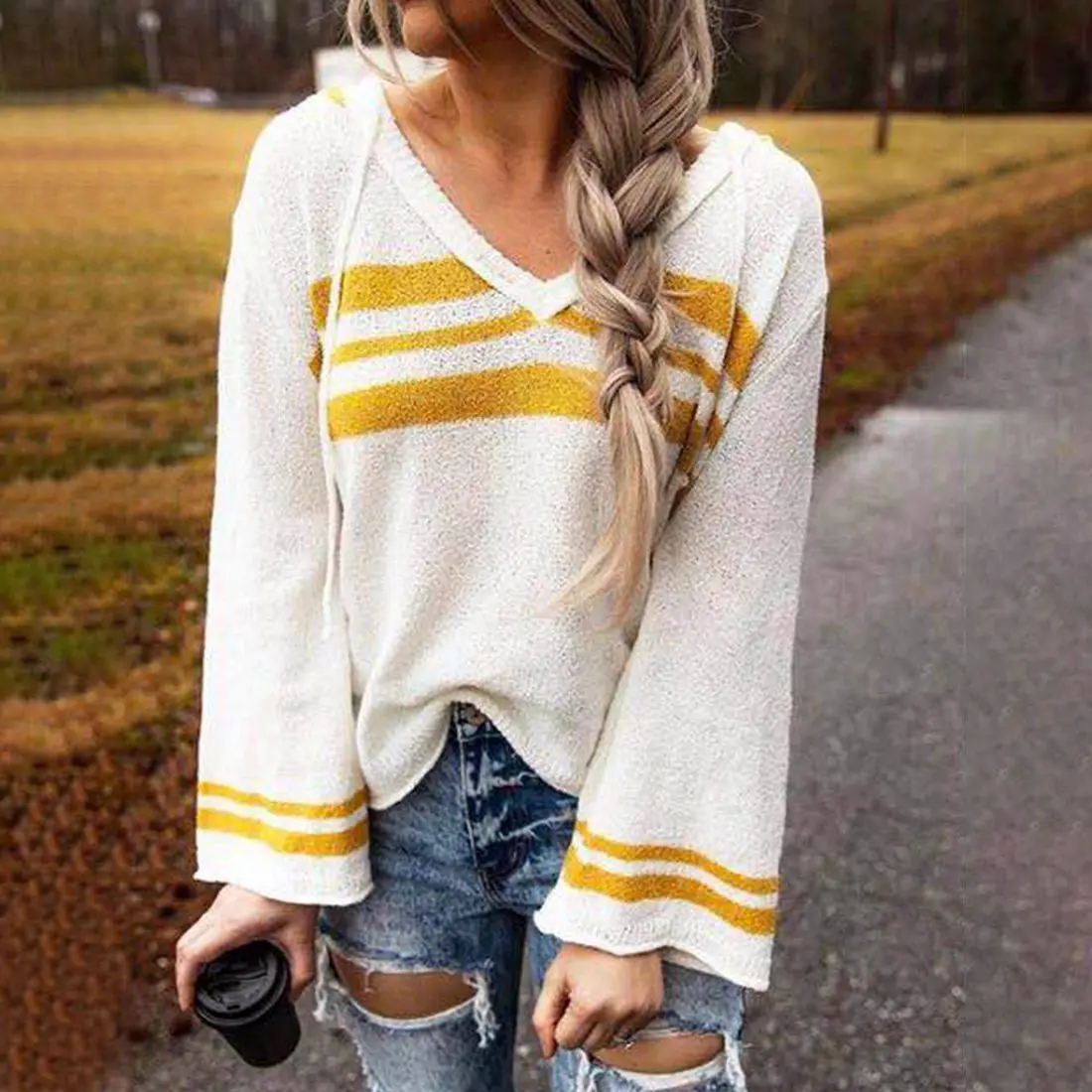 Полосатые толстовки женские пуловеры повседневные осенние с капюшоном весенние
