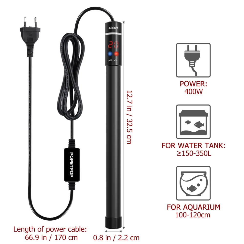 

POPETPOP 400W Submersible Aquarium Heater Titanium Heating Rod with Thermometer and LED Digital Display(Plug)