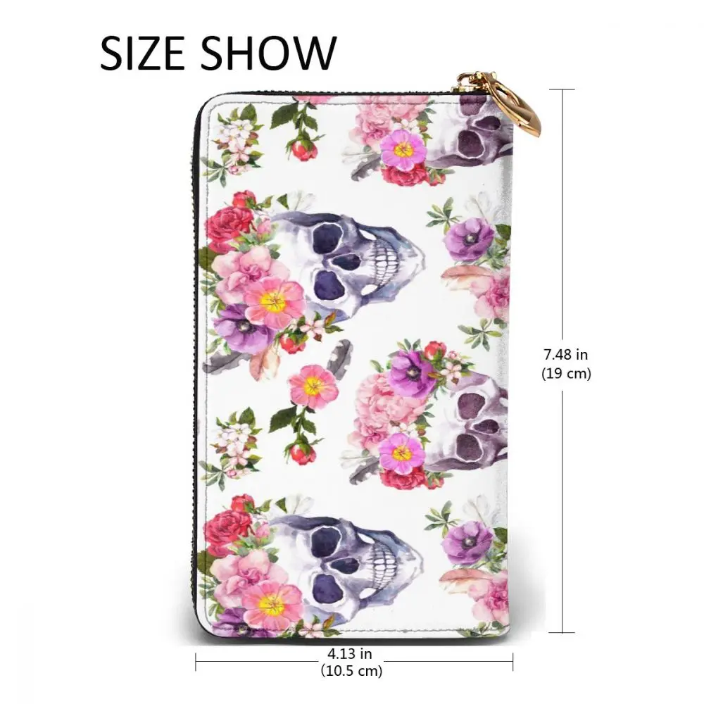 

2021 Leather Wallet Long Human Skulls With Flowers Multiple Cards Holder Clutch Female Male Purse Standard Wallet