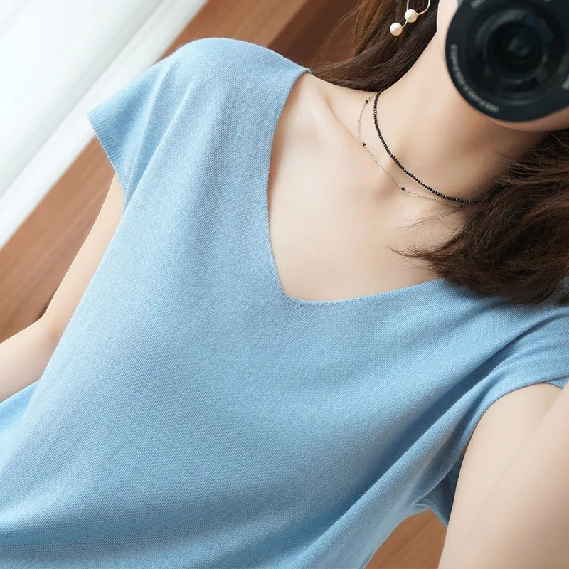 

7 Colors Summer Women's V-neck Thin Knitted Tops Pullovers Female Casual Loose Short Sleeve Knit Sweater Shirt Femme Tops
