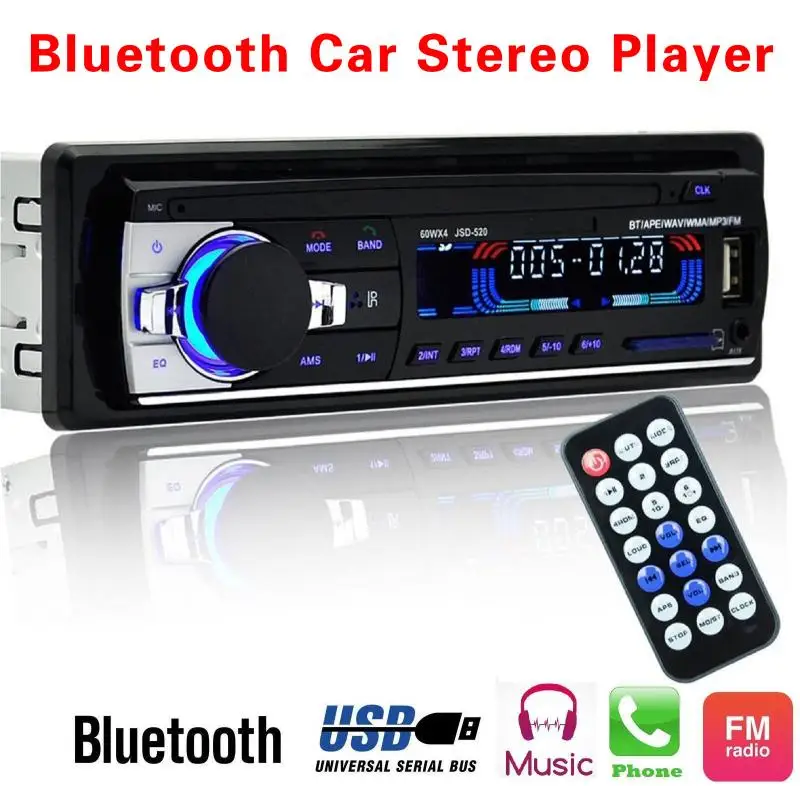 12V Bluetooth V2.0 Car Stereo In-dash SD USB MP3 MMC WMA Radio Player 1 Din FM Aux Input Receiver ISO Port | Автомобили и