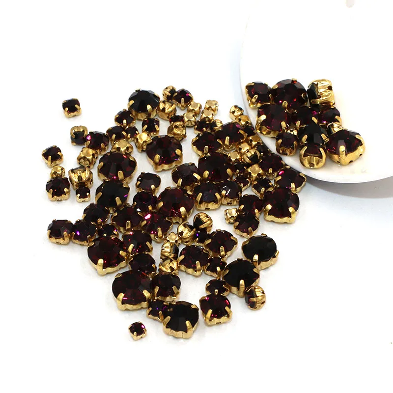 

New 100pcs/bag Mixed size Deep purple glass strass crystal Clothing loose beads gold base sewing rhinestones diy Wedding dress