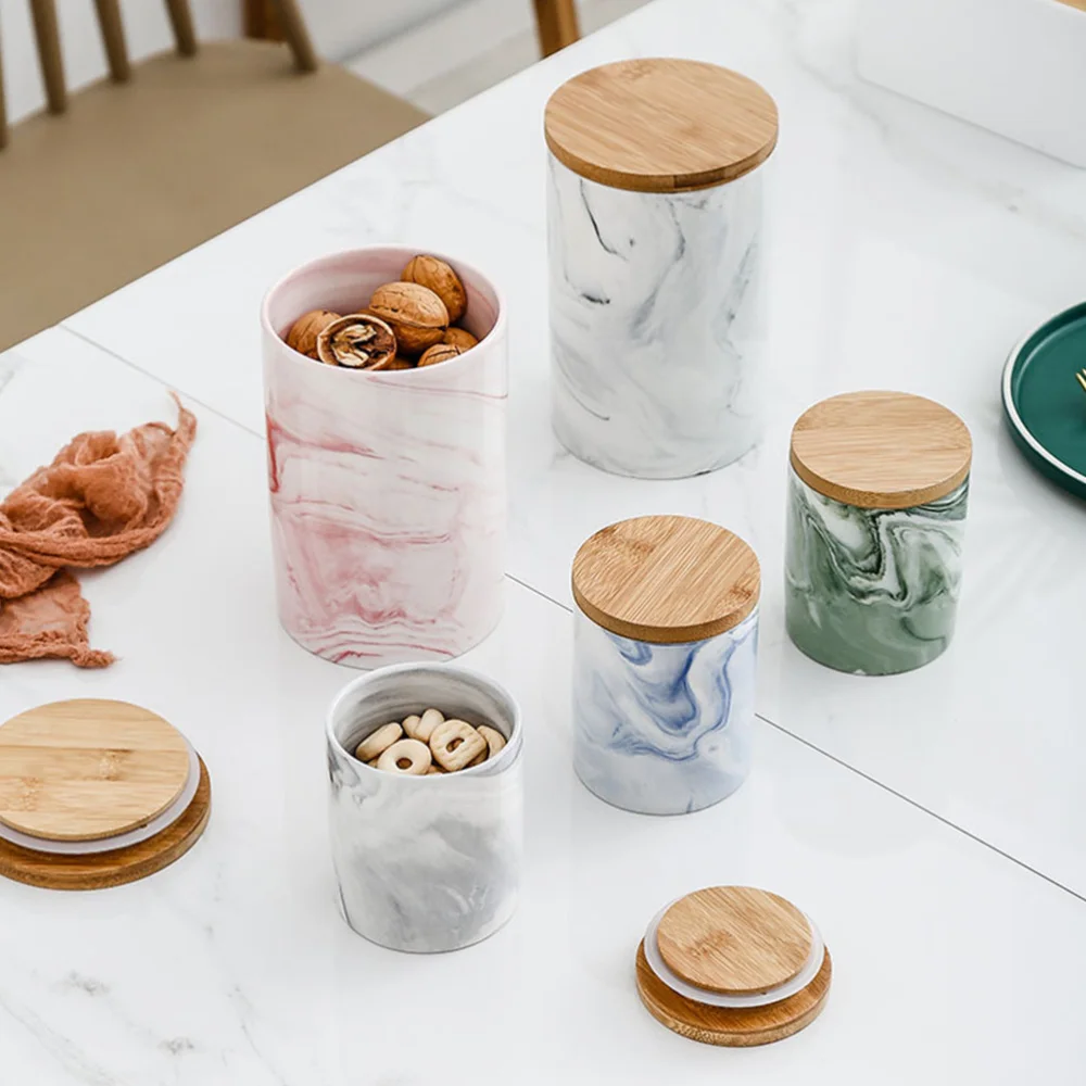 

1Pc Ceramic Storage Jar with Bamboo Lid Grain Tea Beans Storage Airtight Box