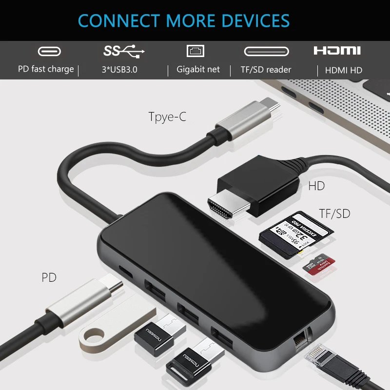 USB C док-станция для ноутбука USB 3,0 HDMI RJ45 PD SD/TF USB концентратор для ноутбука Macbook Pro hp DELL поверхность lenovo samsung док-станция