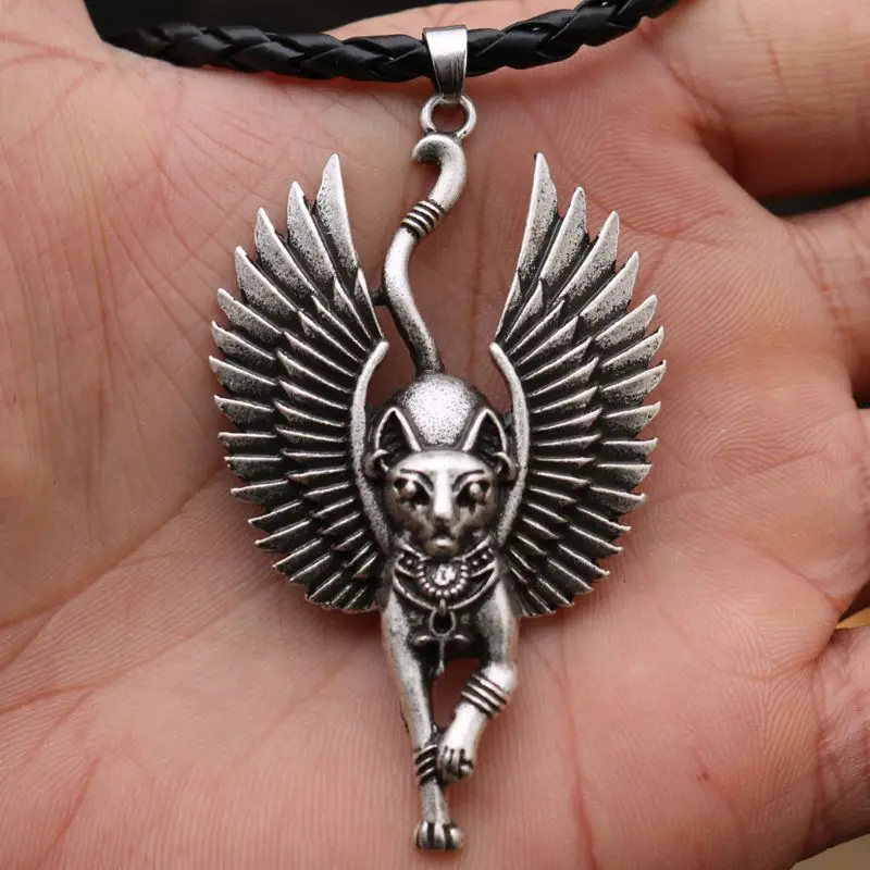 

Silver Ancient Egypt Bastet Statue Cat Pendant Necklace Sphinx Amulet Jewelry