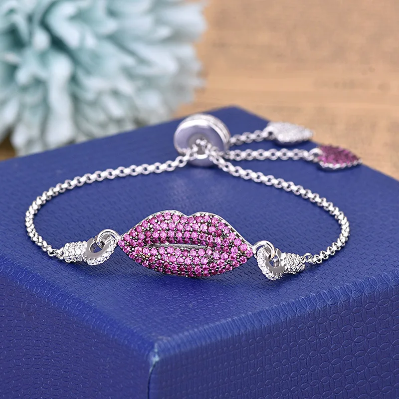 Модный браслет с красными губами из циркония регулируемая длина серебряный цвет