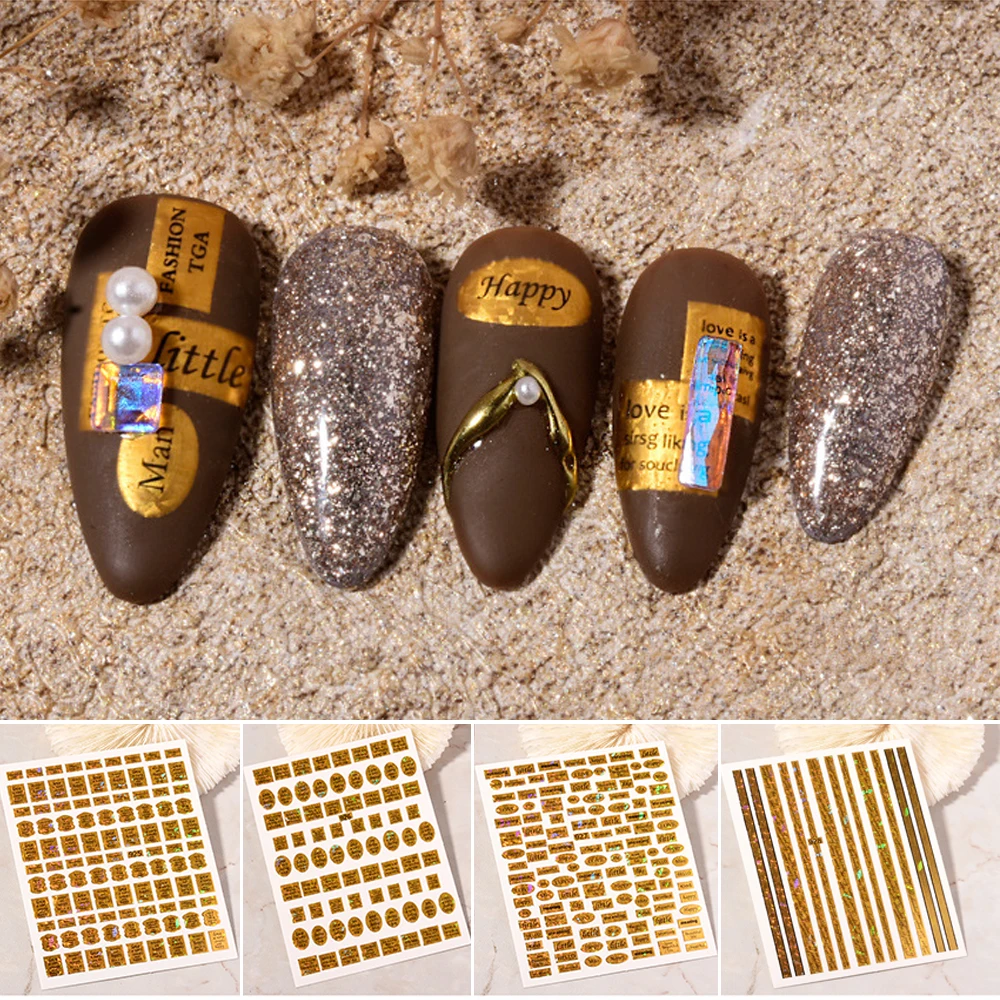 

1 Sheet 3D Laser Hot Stamping Nail Stickers Metal Texture Letter Nail Patch DIY Nail Art