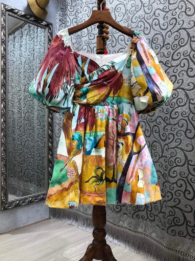 

100%Cotton Summer Dress 2021 Fashion Style Women Sexy Square Collar African Prints Short Sleeve Casual Party Gown Dress Club