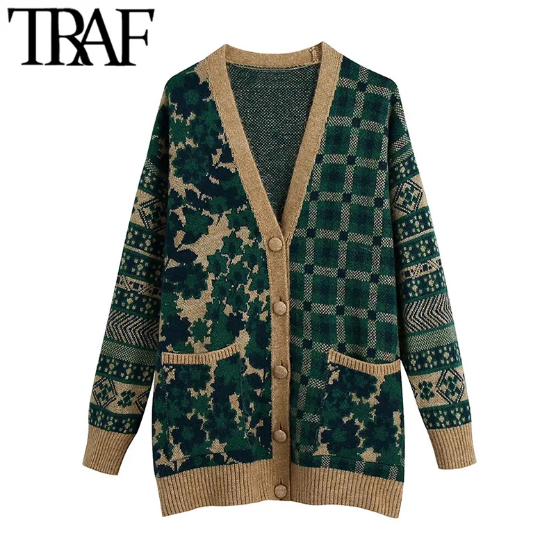 Женский жаккардовый кардиган с длинными рукавами и карманами |