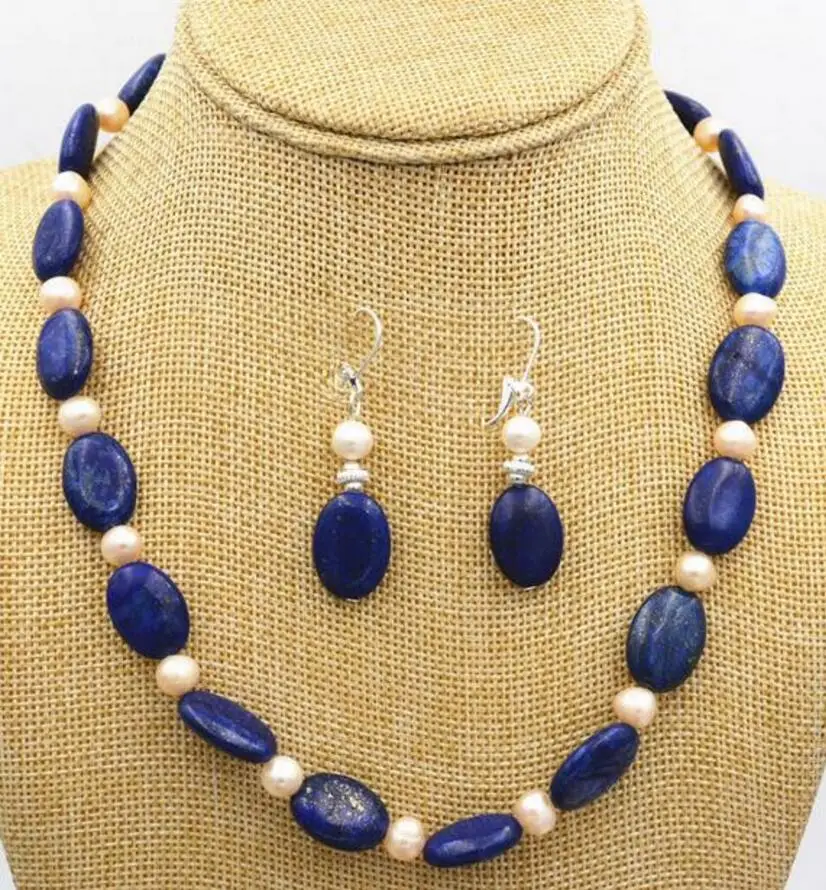Ожерелье и серьги с синим лазуритом белым жемчугом 20 дюймов 13 х18 мм