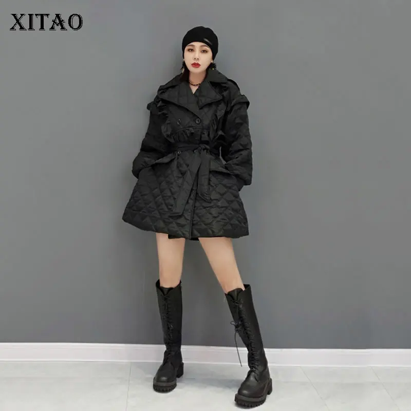 

XITAO Black Parkas Fashion New Women Pocket Double Breast Pocket Bandage Goddess Fan Casual Style Loose Parkas Coat GWJ1617