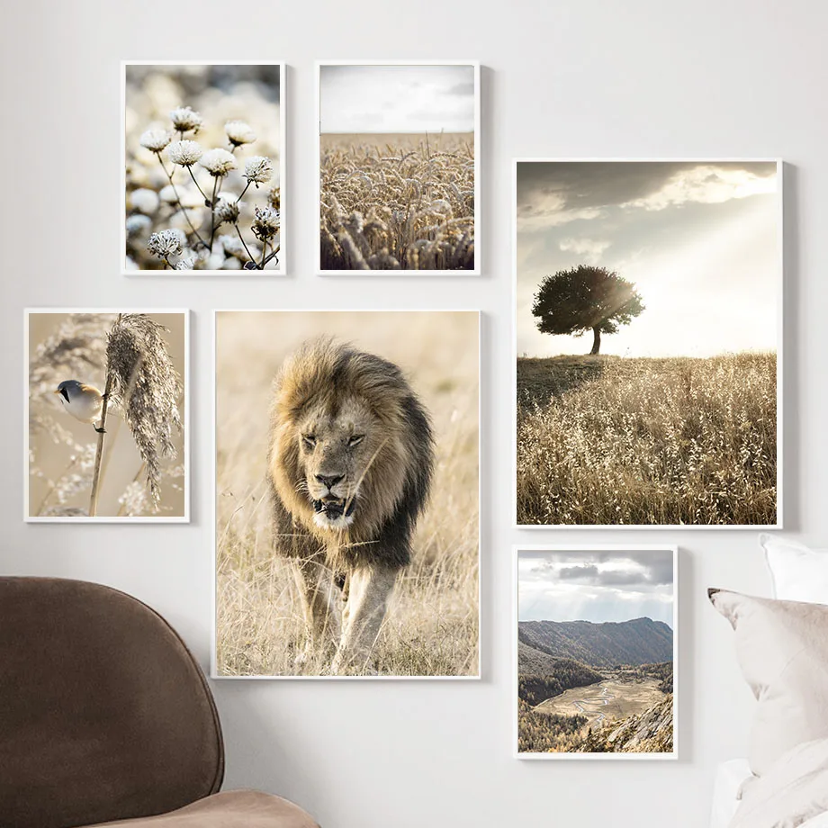 

Lion Horse Reed Mountain Flower Tree Bird Wall Art Canvas Painting Nordic Posters And Prints Wall Pictures For Living Room Decor