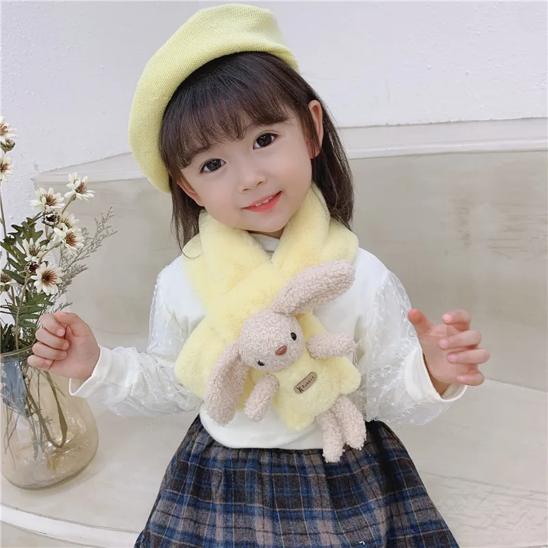 

New 2022 Baby Kids Scarf For Boys Girls Winter Warm Flannel Collar Neck Cross Ring Scarf Cartoon Rabbit Children Scarves 1-10T