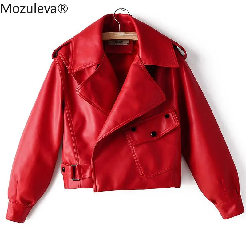 

Mozuleva New Autumn Women Faux Leather Jacket Pu Motorcycle Biker Red Coat Turndown Collar Loose Streetwear Black Punk Outerwear