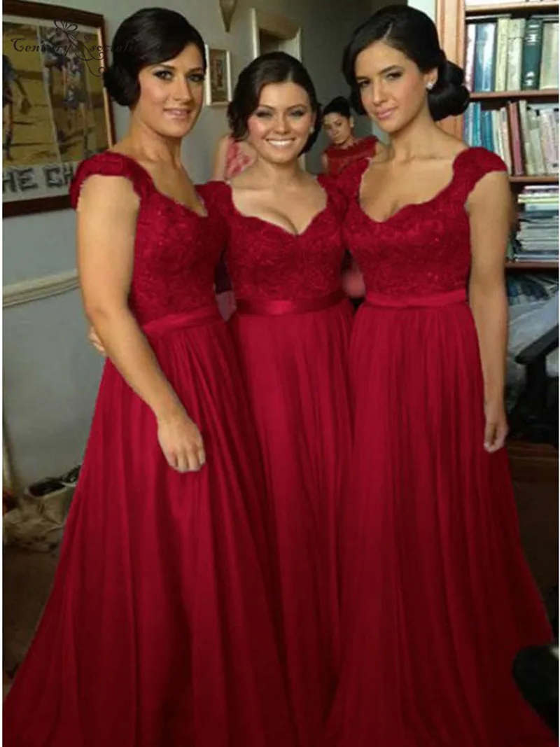 Бургундское длинное платье подружки невесты 2020 с кружевной аппликацией и