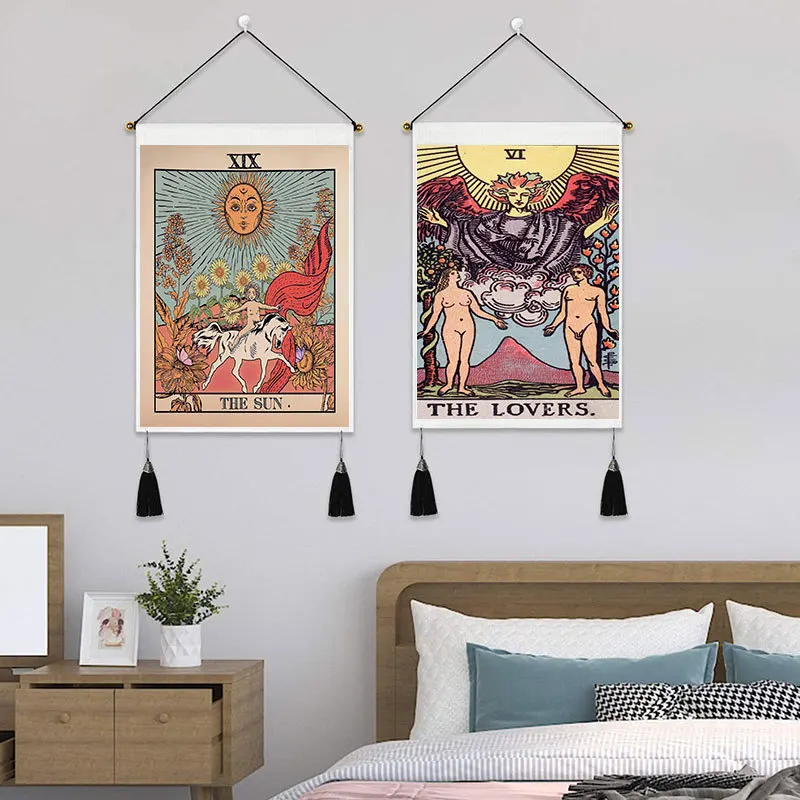

Retro Tarot for Canvas Painting with Frame Poster for Living Room Decoration Wall Art with Wood Hanging Scroll Tassel