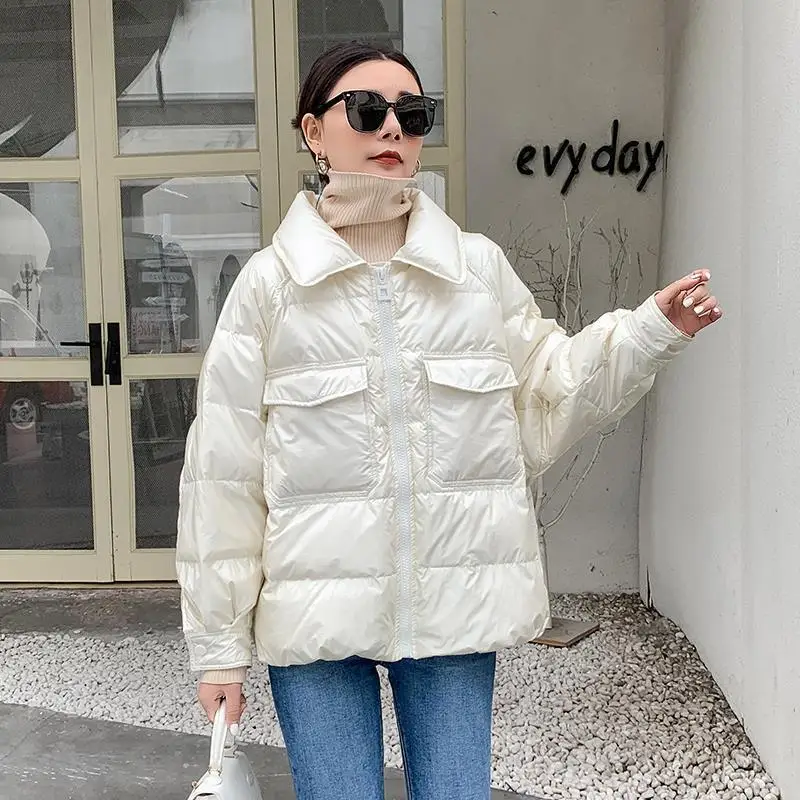 

Fashion women's winter clothes new shiny down jacket fashion short loose version thick white duck down jacket parka women