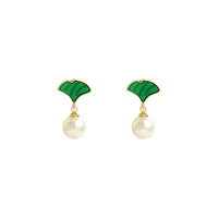 s925 silver needle korean ginkgo green leaf pearl fashion small fresh girl elegant earrings modern women jewelry