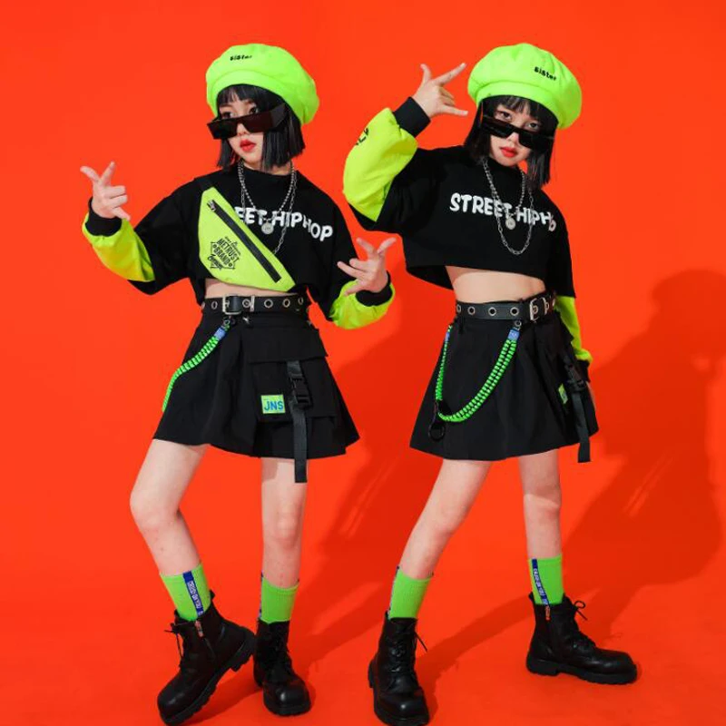 

Kids Hip Hop Show Clothing Crop Top Long Sleeve Mini Skirt for Girls Jazz Dance Costume Rave Clothes Show Outfits For Singers