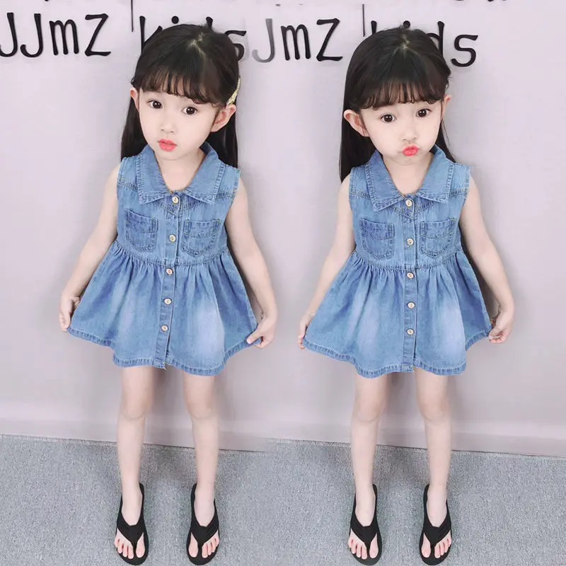 

Girls Sleeveless Denim Dress Girl Party Kids Summer Clothes For Kids Girl Mini Dress Children Toddles Lovely Botton Dresses 1-7t