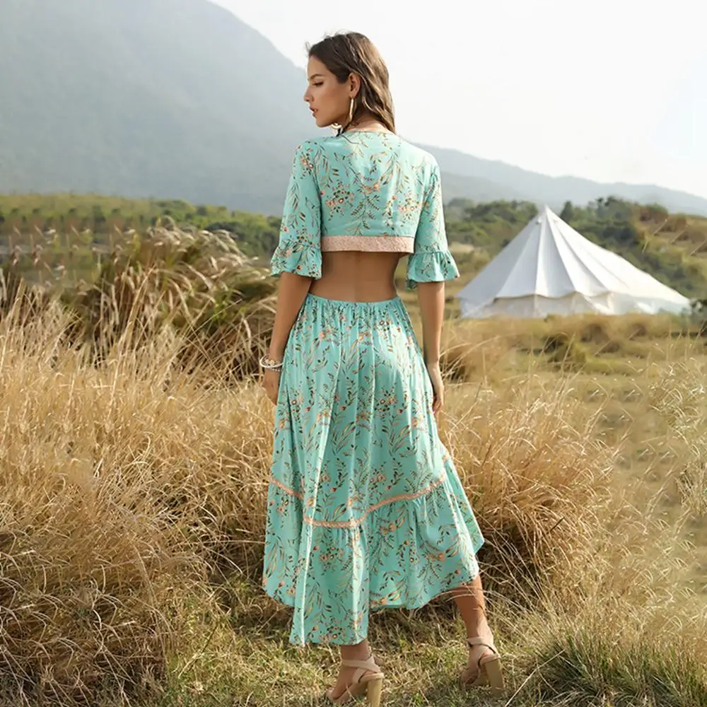 

Boho Floral Long Dresses Women High Waist Short Sleeve Casual Dress 2020 Streetwear Green Maxi Dress Summer Vestidos