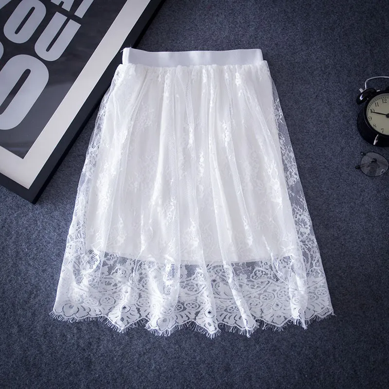 

Women Summer Elegant Sexy Lace Skirts Solid Casual Mesh Tulle Skirt Hollow Out Short Pencil Skirt