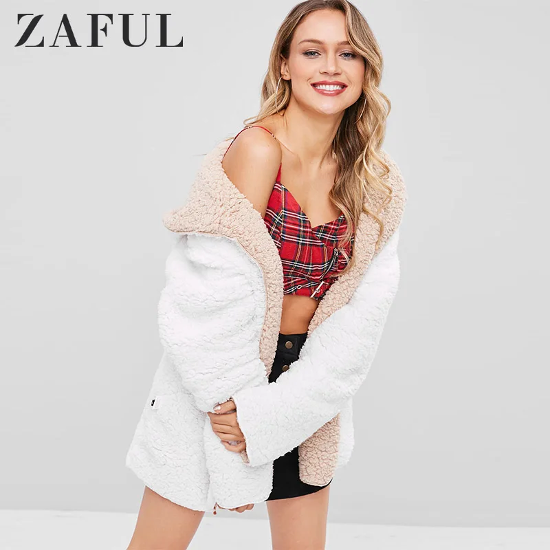 Женское Двухслойное пальто ZAFUL из овечьей шерсти с капюшоном и петлей зимнее