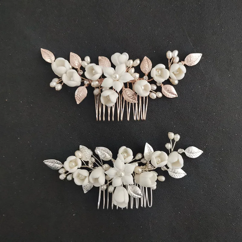 

SLBRIDAL Handmade Alloy Leaf Freshwater Pearls Porcelain Flower Bridal Hair Comb Wedding Hair Accessories Women Hair Jewelry