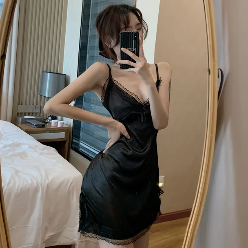 

Черное Кружевное пикантное платье на бретелях-спагетти для секса, ночное женское осеннее тонкое Пижама с открытой спиной, внешняя одежда, ж...