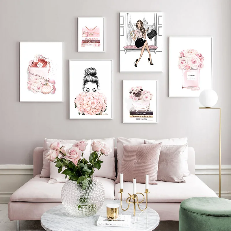 

Fashion Girl Modern Home Room Decor Wall Art Print Canvas Painting Lashes Lips Pink Flower Poster Makeup Perfume Book Pictures