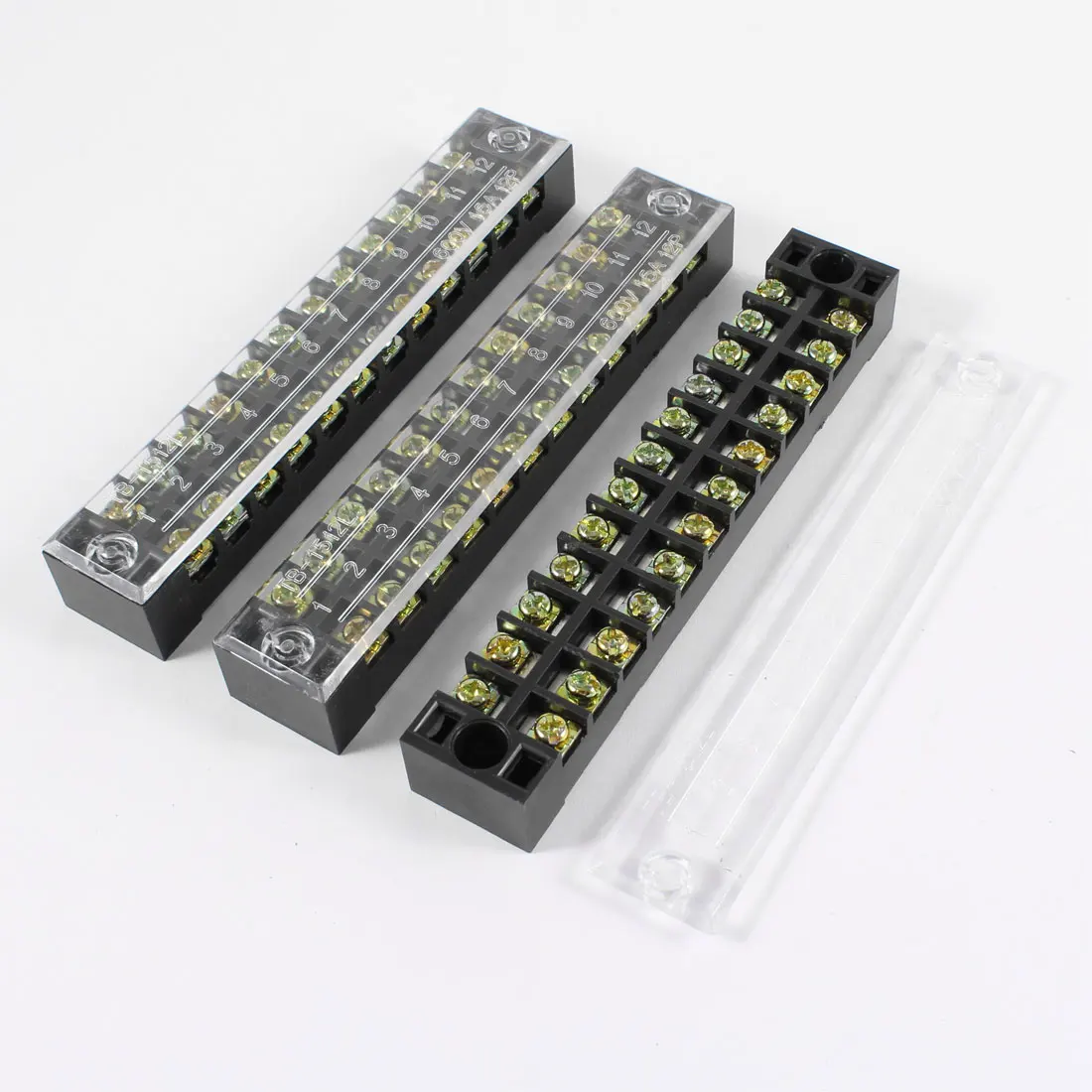 

Uxcell 3 Pcs 600V 15A 12 Positions Dual Rows Covered Barrier Screw Terminal Block Strip