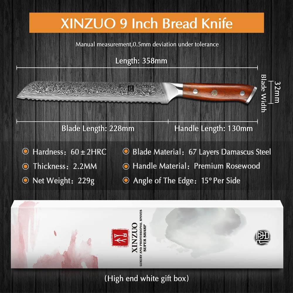 Дешево XINZUO 9 дюймов зубчатый нож для хлеба Дамасская сталь палисандр ручки кухонные ножи бренд Высокое качество нож для торта инструменты для приг... Цена XINZUO 9 дюймов зубчатый нож для хлеба Дамасская сталь палисандр ручки кухонные ножи бренд Высокое качество нож для торта инструменты для приг...