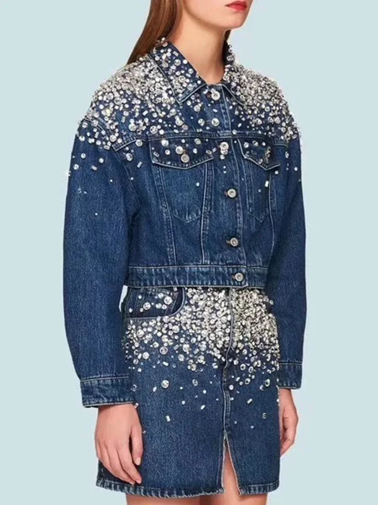 

Free shipping heavy crafts beaded hot diamond ladies loose motorcycle denim jacket 2020New ladies autumn long sleeve jacket XL