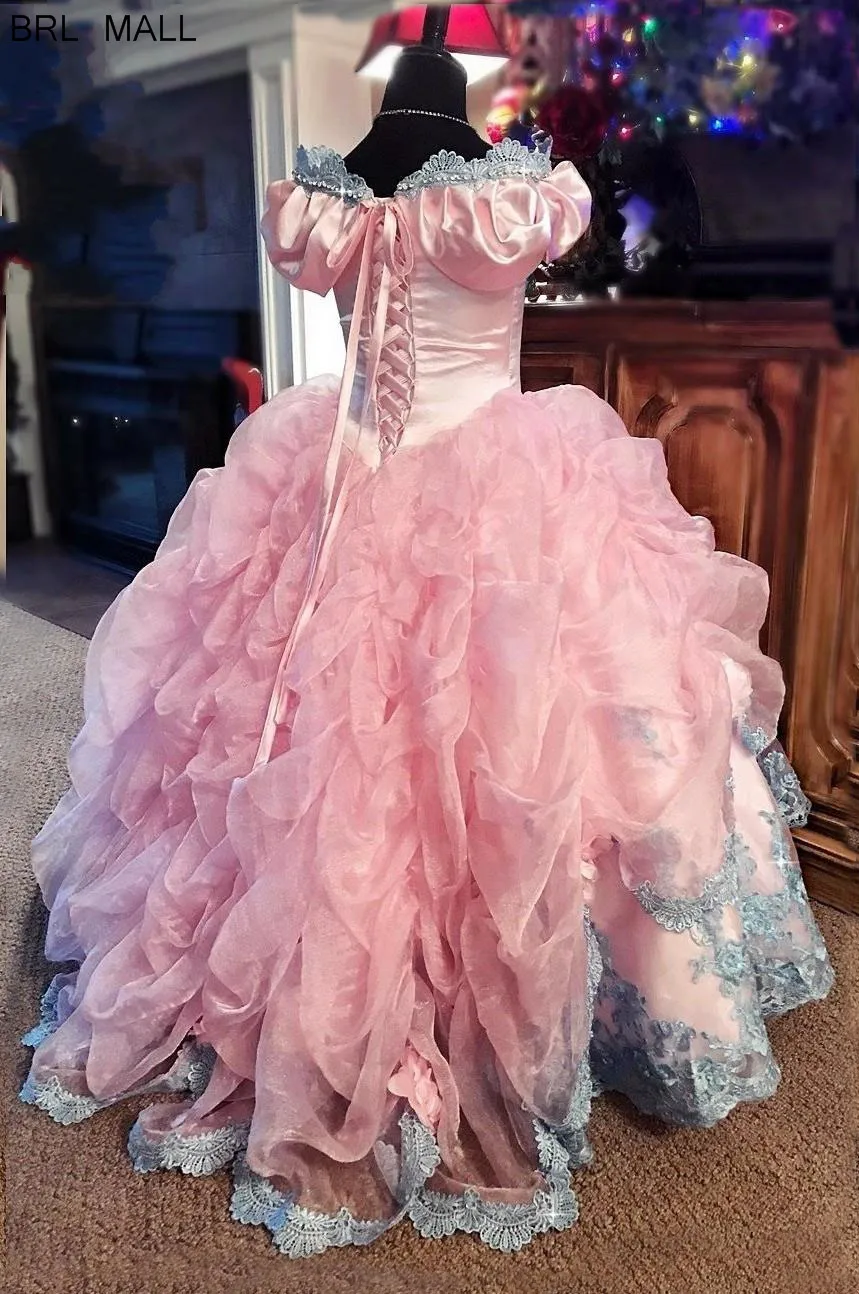 

Ruffles Peplum Pink Glitz Flower Girl Dresses For Weddings Appliques Lace Little Kids Formal Party Gowns girls pageant dress