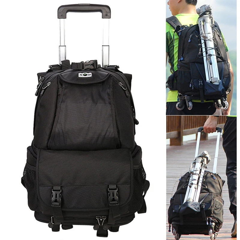 

Large Capacity Space Trolley Photo DSLR Case Camera Waterproof w/ Rain Cover Nylon Bag Shoulders Backpack Removable Trolley