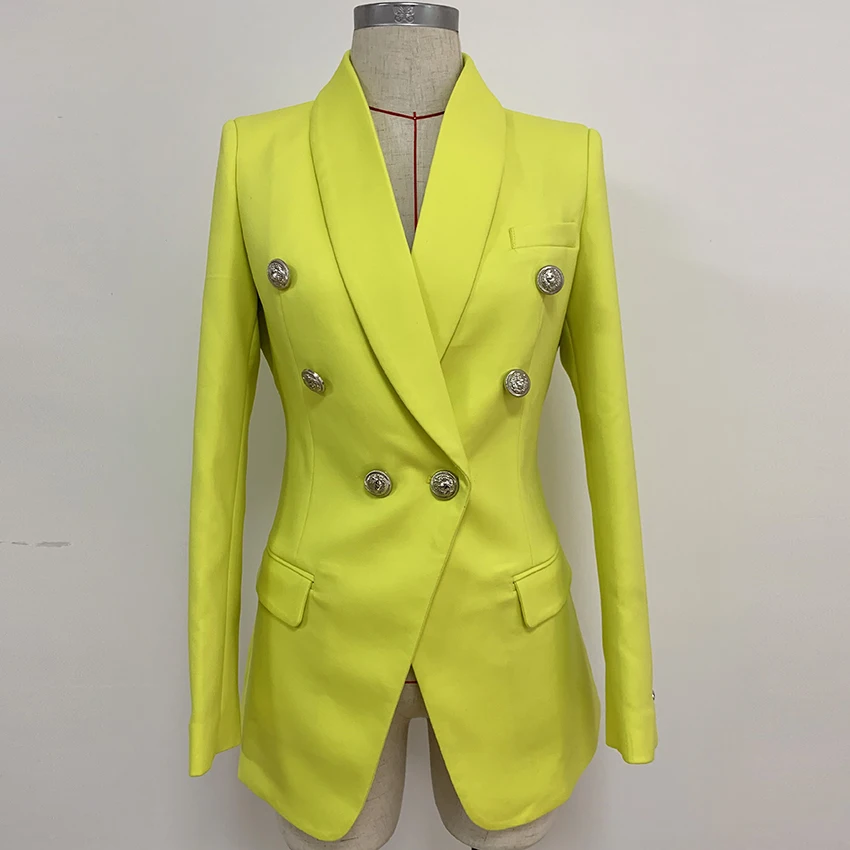 Женский двубортный Блейзер желтый Длинный блейзер с металлическими пуговицами в