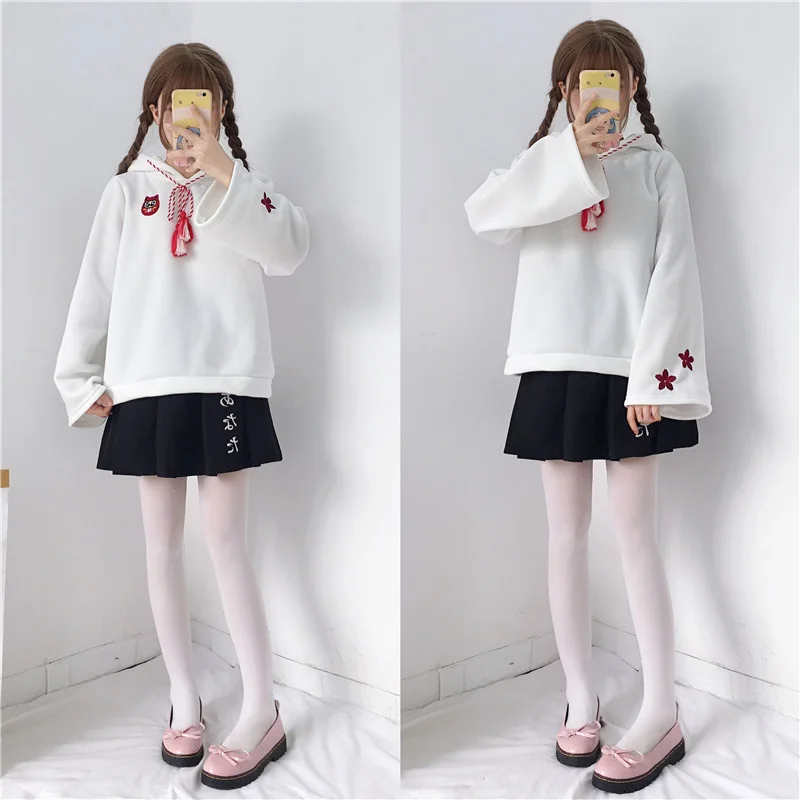 

Hoodies Women Kawaii Printed Thicker Korean Style Students Hooded Embroidery Leisure Womens Hoodie Loose Warm Winter Pullover