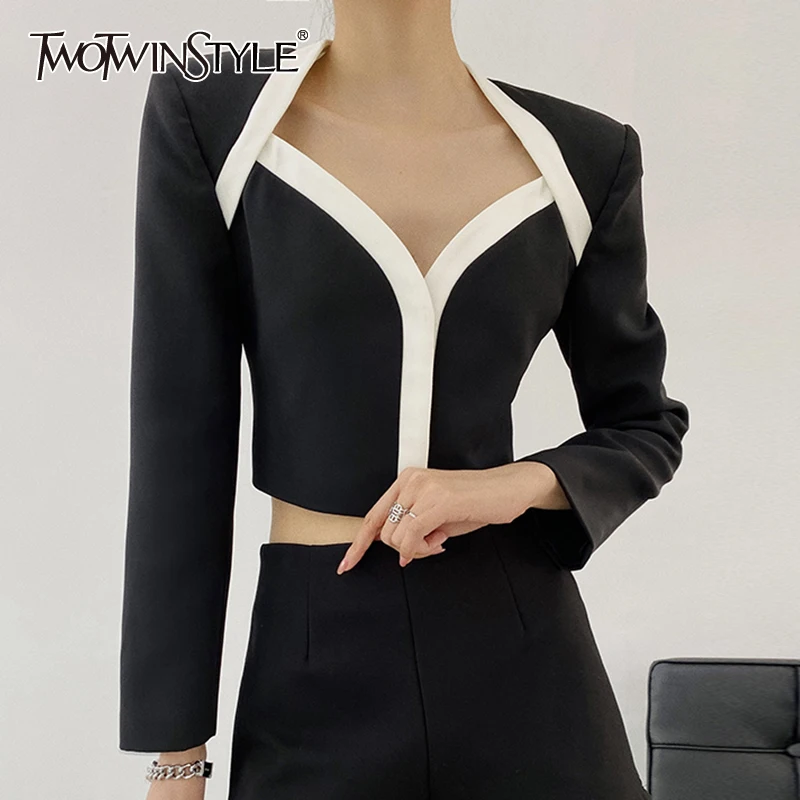 

Женский блейзер с квадратным вырезом TWOTWINSTYLE, укороченный Блейзер составного кроя с длинными рукавами и высокой талией, 2019