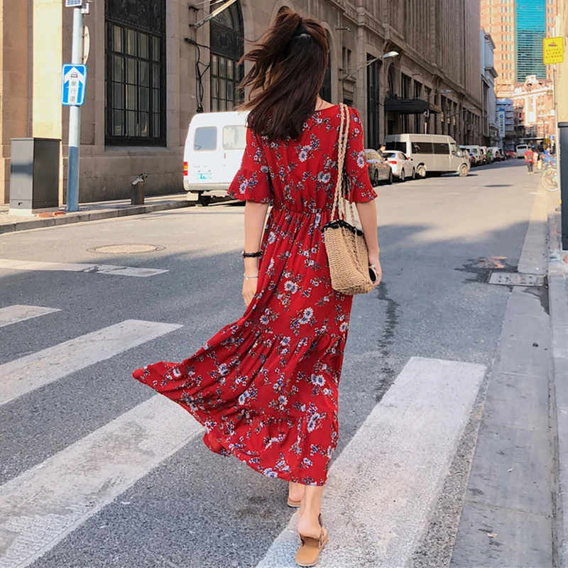 Женское платье макси в стиле бохо Летнее Длинное пляжное с цветочным принтом 3