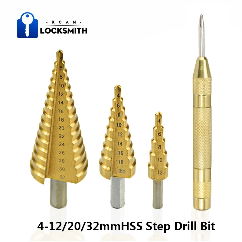 

Metric Spiral Flute Pagoda Shape Hole Cutter 4-12/20/32mm HSS Steel Cone Drill Bit Set Step Drill with Center Punch Wood Cutter
