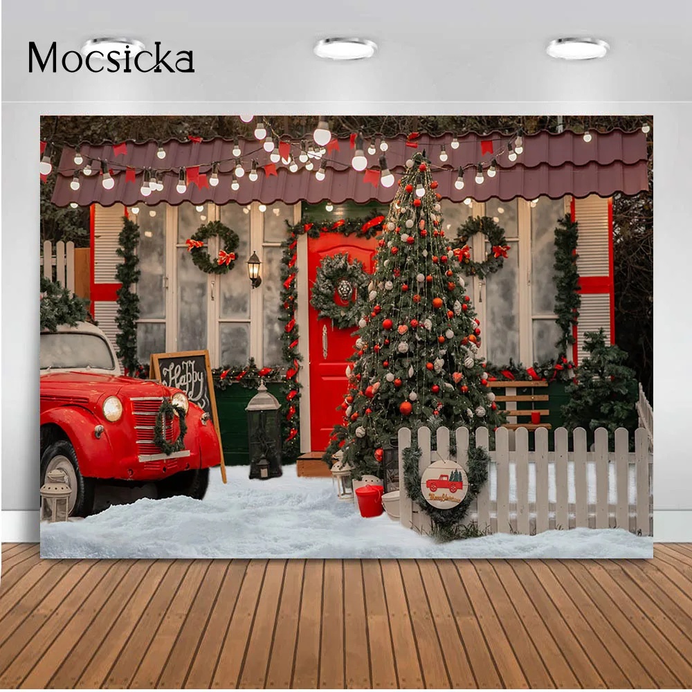 

Christmas House Backdrop for Photography Red Truck X-mas Pine Tree Photo Background Winter Snow Scene Photo Background Props