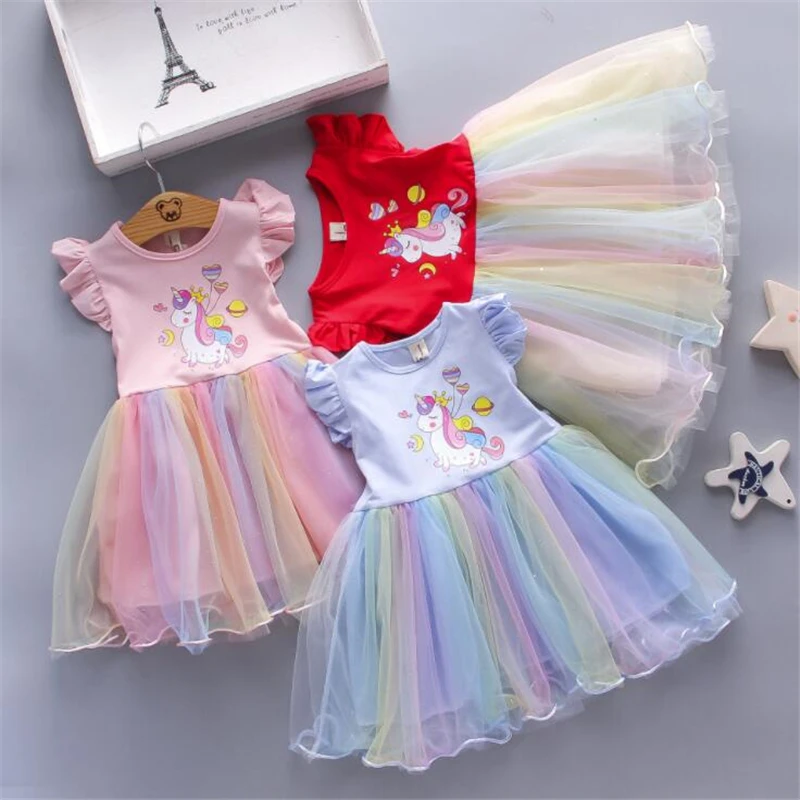 

Baby Girls Dress Toddler Princess Dresses Summer Kids Sleeveless Costumes Cartoon Unicorn Clothes Colorful Rainbow Mesh Vestidos