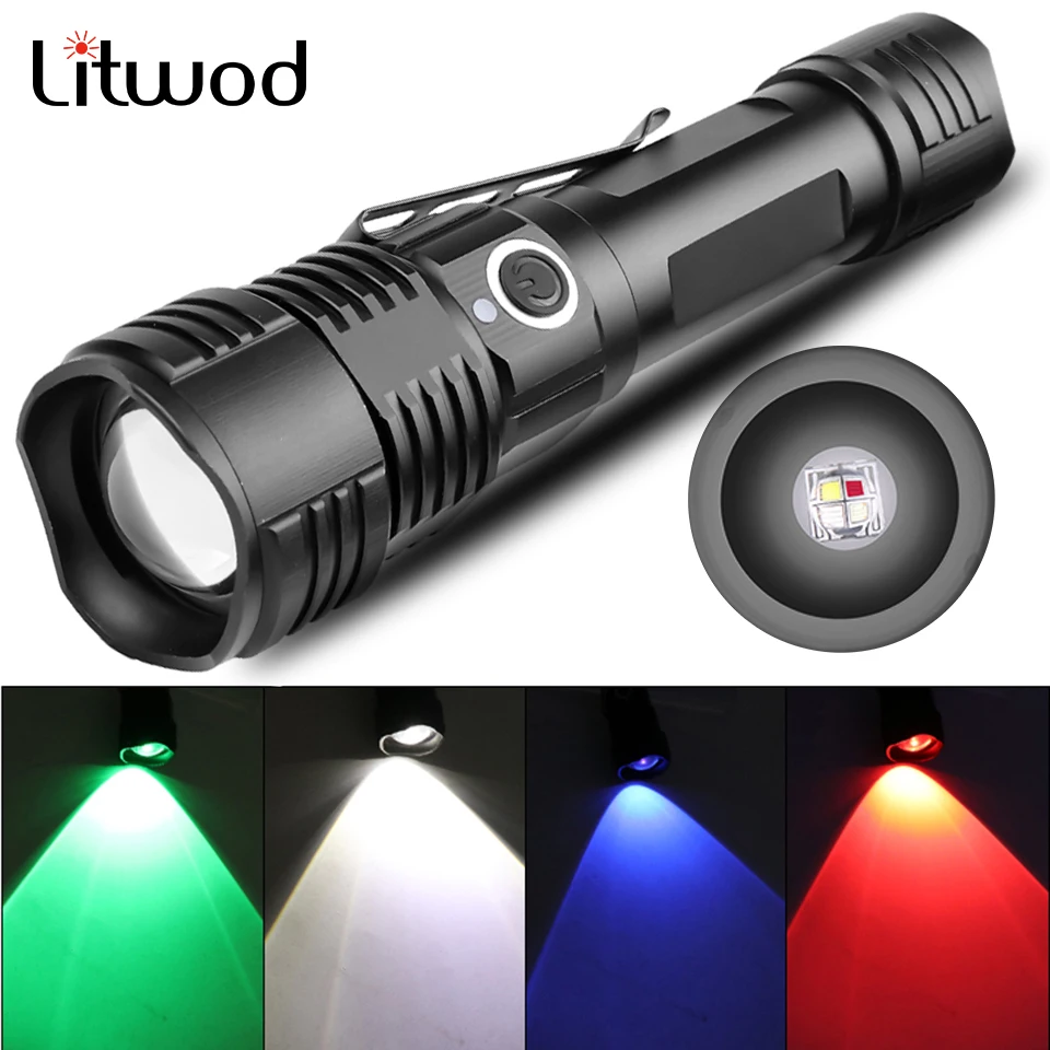 

4 Colors in One Multi-functional Tactical Hunting LED Flashlight Power by 18650 / AAA Battery USB Rechargeable Torch Bulbs 10W
