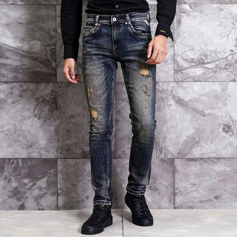 Italian Style Fashion Men Jeans Retro Dark Blue Elastic Cotton Slim Fit Ripped Jeans Men Streetwear Vintage Designer Denim Pants